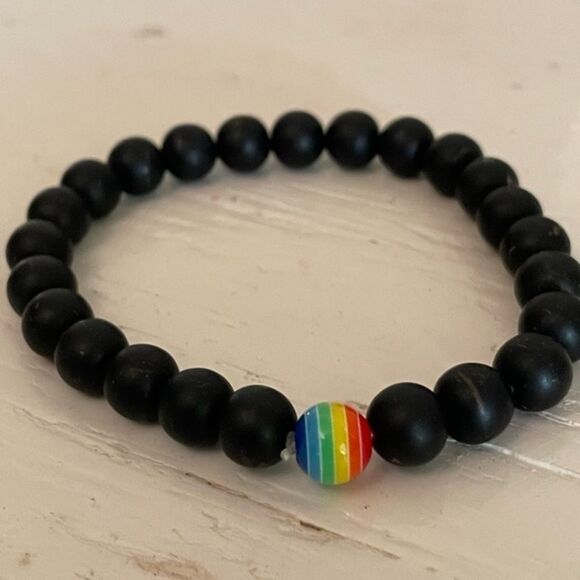 Stackable opaque black ebony beaded stretch bracelet w/LGBTQ+ bead - Picture 2 of 11